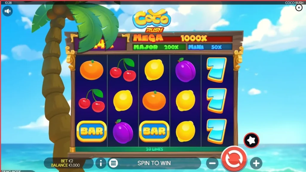 Tampilan visual slot Coco Rush dengan tema pulau tropis yang cerah