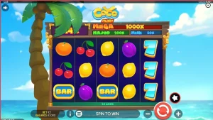 Tampilan visual slot Coco Rush dengan tema pulau tropis yang cerah