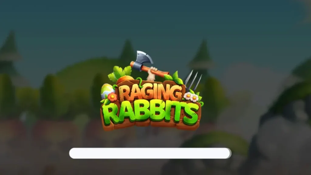 Raging Rabbits slot game screen showing cartoon rabbits on a battlefield